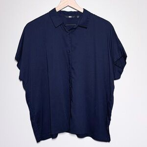 UNIQLO Short Sleeve Button Shirt Blouse Navy Blue Women’s Size M